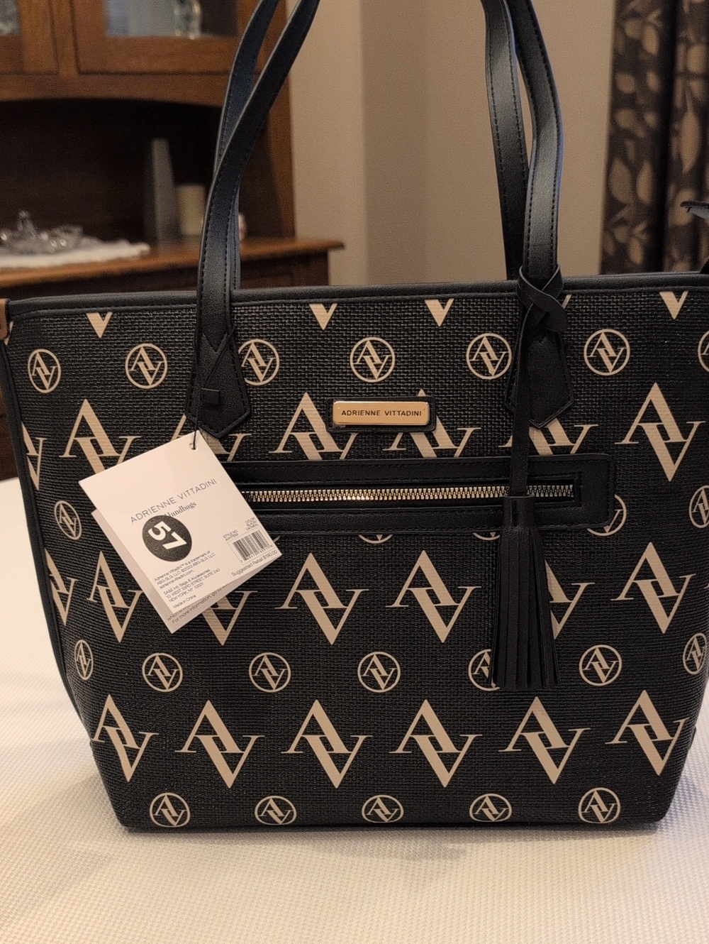 Adrienne Vittadini Black and Cream Monogram Tote